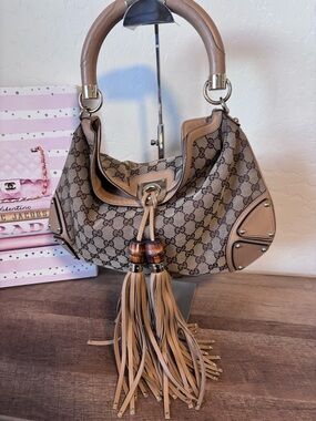 Gucci Beige/Brown GG Canvas Hobo Bag with Tassel